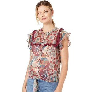 Double D Ranch Prairie Patch Western Blouse XL Bohemian Flutter Sleeve Top